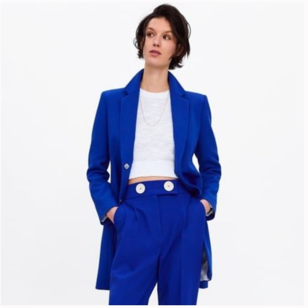 ZARA Lapel Collar Long Frock Coat Blazer Cobalt Navy Blue Snap Front